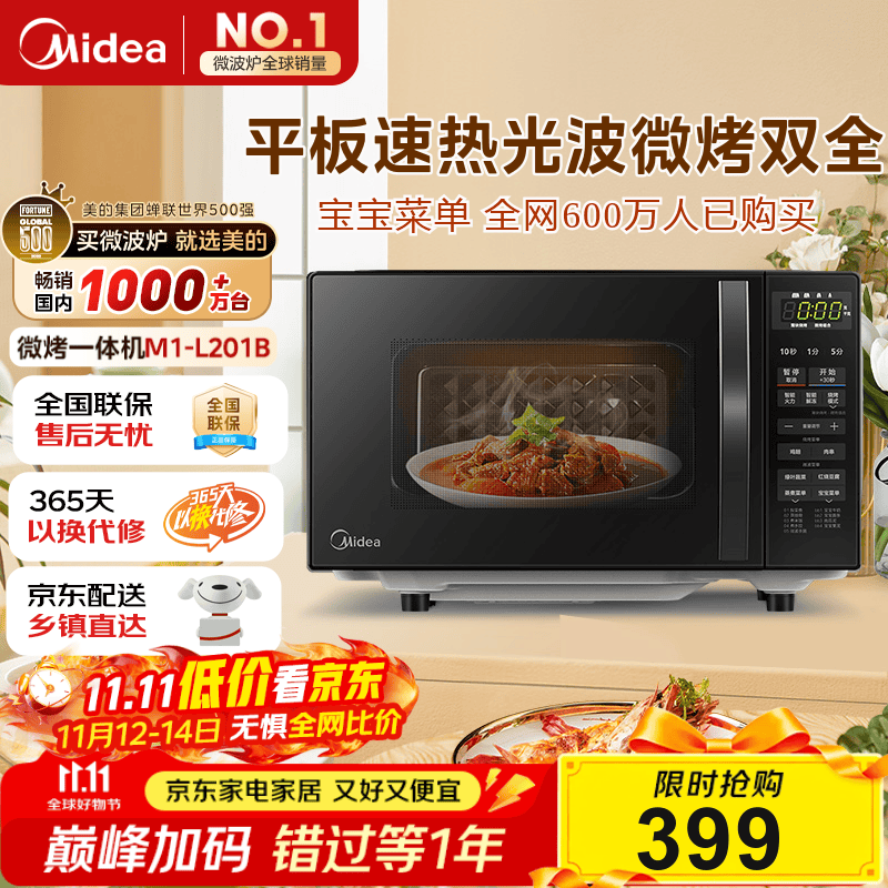 美的（Midea）微波炉烤箱一体机 小型家用20升微波炉  光波加热 钻石背板（M1-L201B）