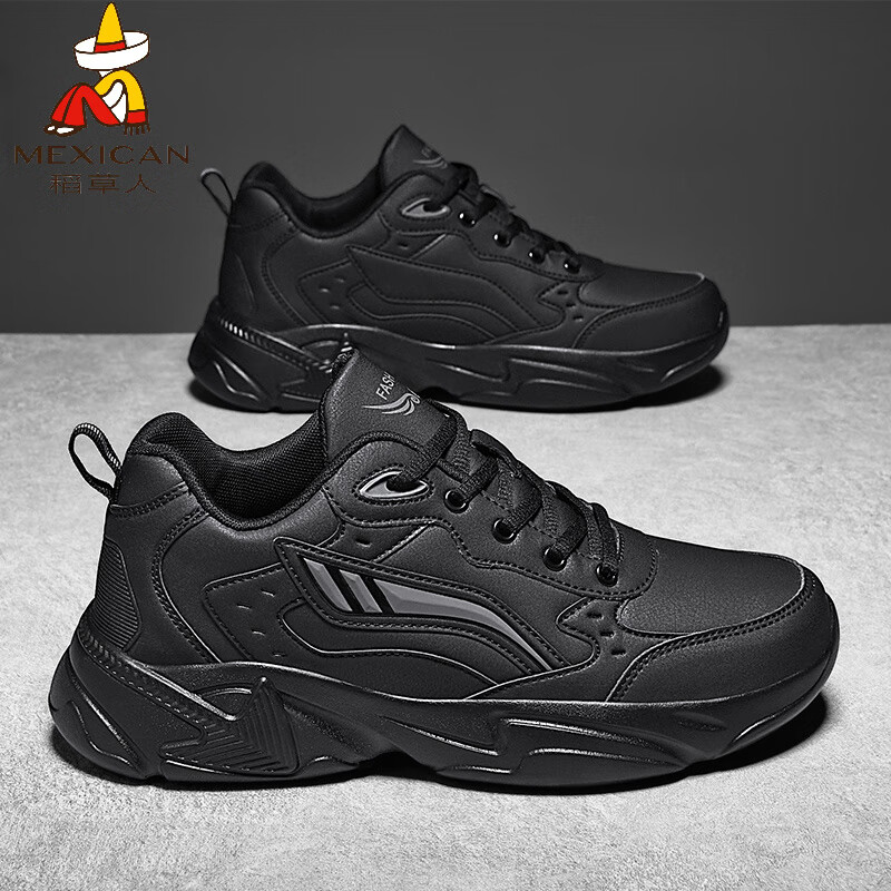 稻草人（MEXICAN）男鞋秋季皮面防水大码全黑色运动鞋男士47轻便48软底休闲跑步鞋子 全黑 36