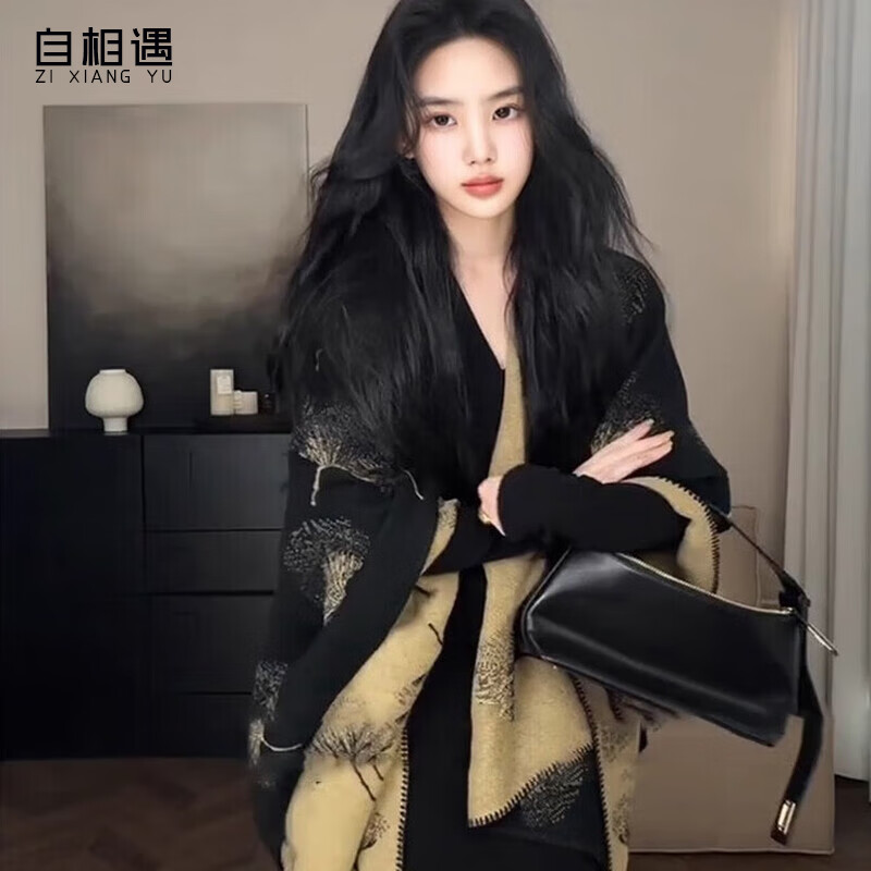 自相遇女生生日元旦礼物披肩女2025新款民族风新中式复古披风围巾斗篷 黑金银杏叶+精美礼盒