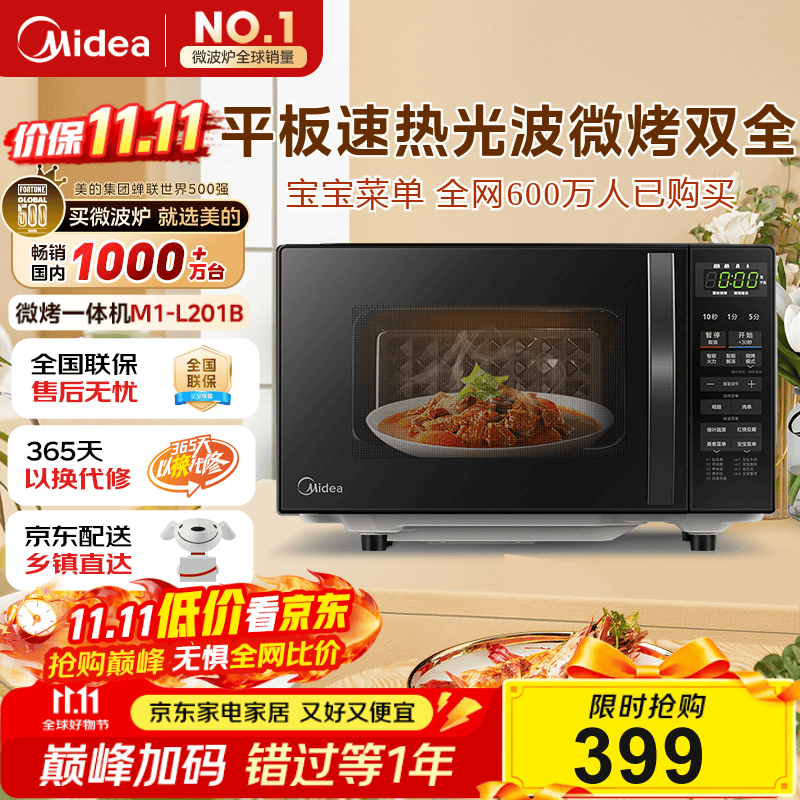 美的（Midea）微波炉烤箱一体机 小型家用20升微波炉  光波加热 钻石背板（M1-L201B）