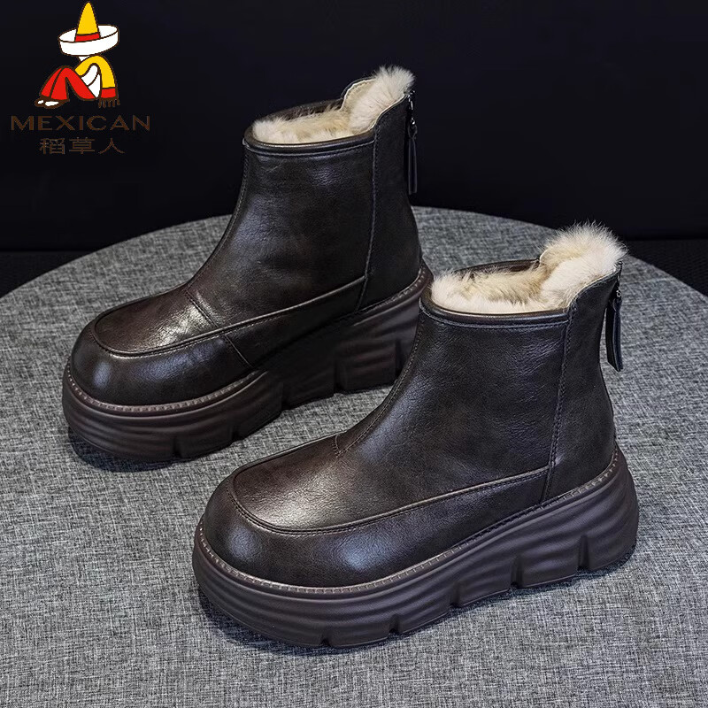 稻草人（MEXICAN）真皮内增高雪地靴女款2026冬季新款棉鞋加绒加厚小个子厚底马丁靴 深棕色【厚绒标准尺码】 36