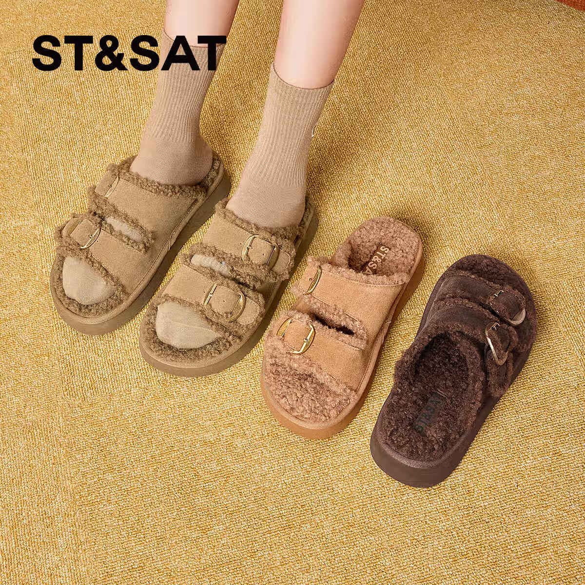 星期六加绒毛毛鞋女款2025新款秋冬季棕色复古真皮加厚拖鞋一脚蹬懒人鞋 卡其绿 【真皮牛革】跟高3.5cm 37