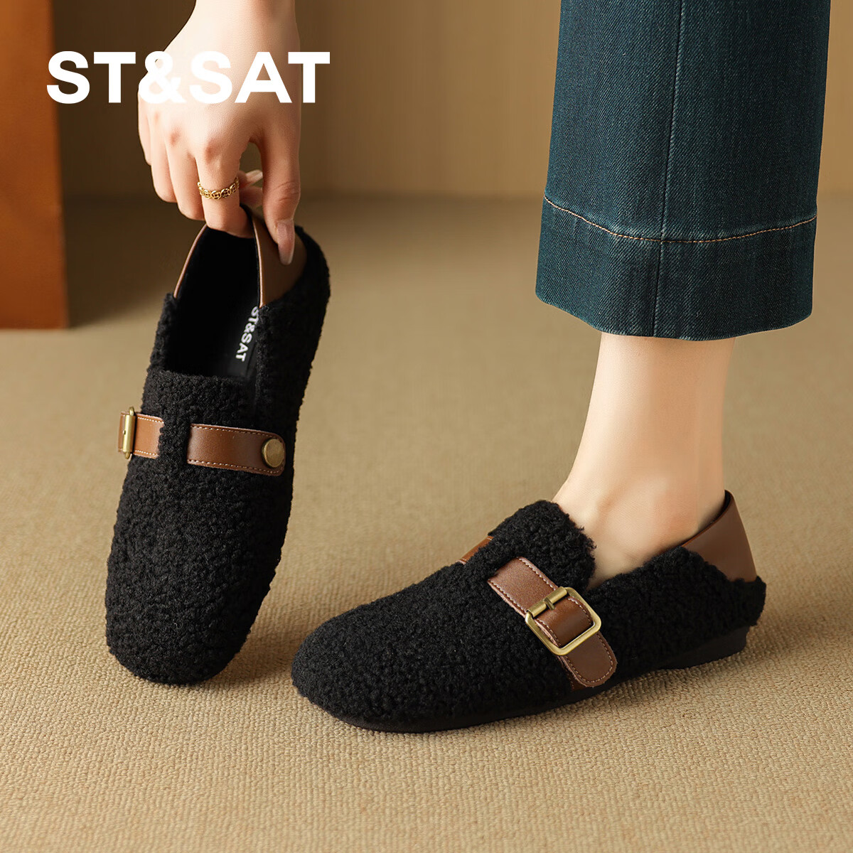 星期六加绒浅口棉鞋女2025新款秋冬季懒人一脚蹬保暖豆豆鞋软底圆头单鞋 黑色 【秋冬精品】一鞋两穿 38