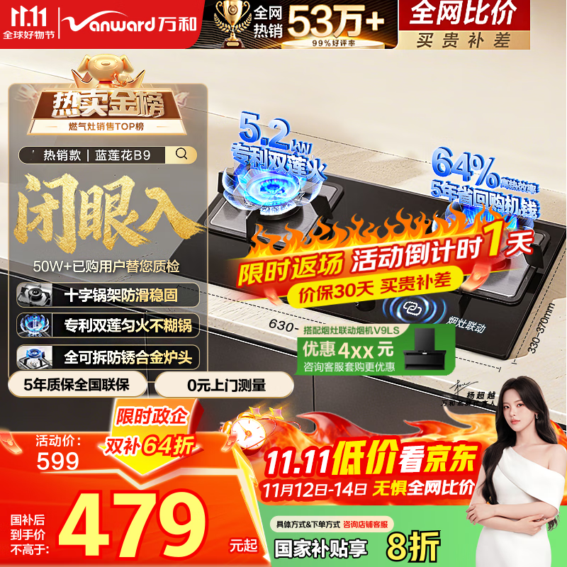 万和（Vanward）【蓝莲花B9·5.2kW】天然气燃气灶猛火烟灶联动以旧换新国家补贴20%嵌入式家用煤气双炉具台B9L50