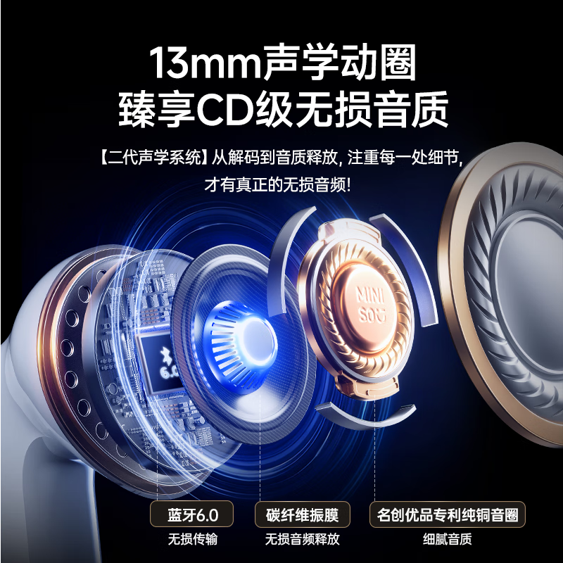 名创优品（MINISO）MB4 蓝牙耳机半入耳式 无线通话自适应降噪低延迟游戏音乐运动舒适超长续航 【重磅新品】CD级无损原音丨青雾蓝