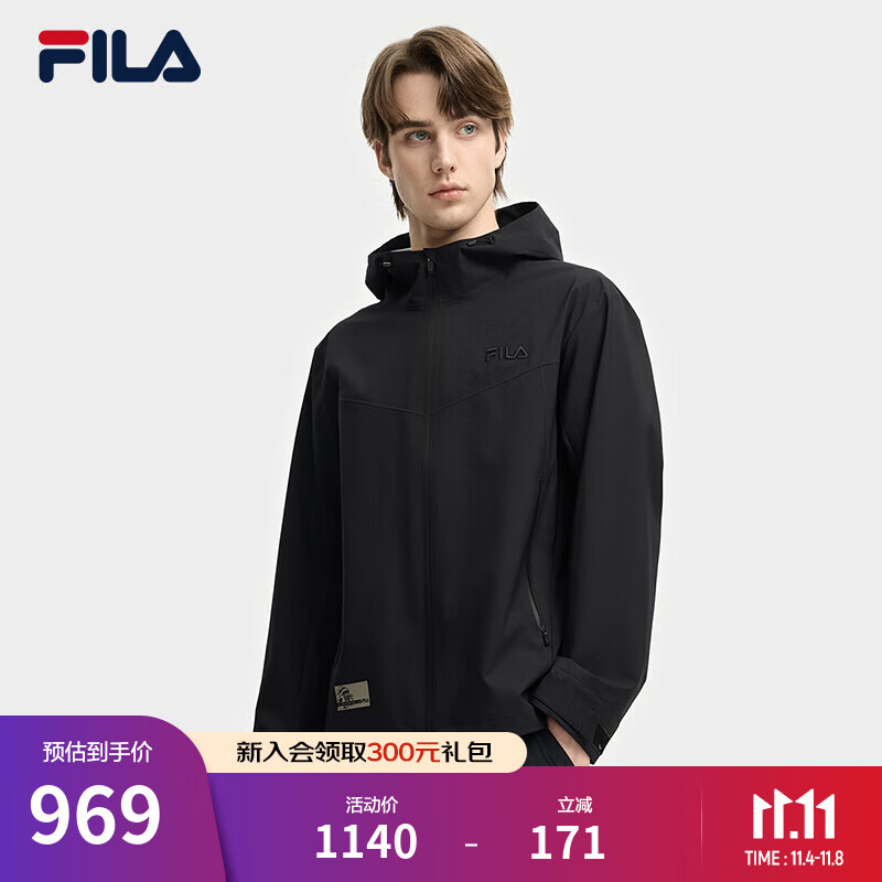 FILA 斐乐官方男士梭织外套2025秋新款时尚休闲宽松连帽上衣夹克 正黑色-BK 2XL 185/104A/XXL