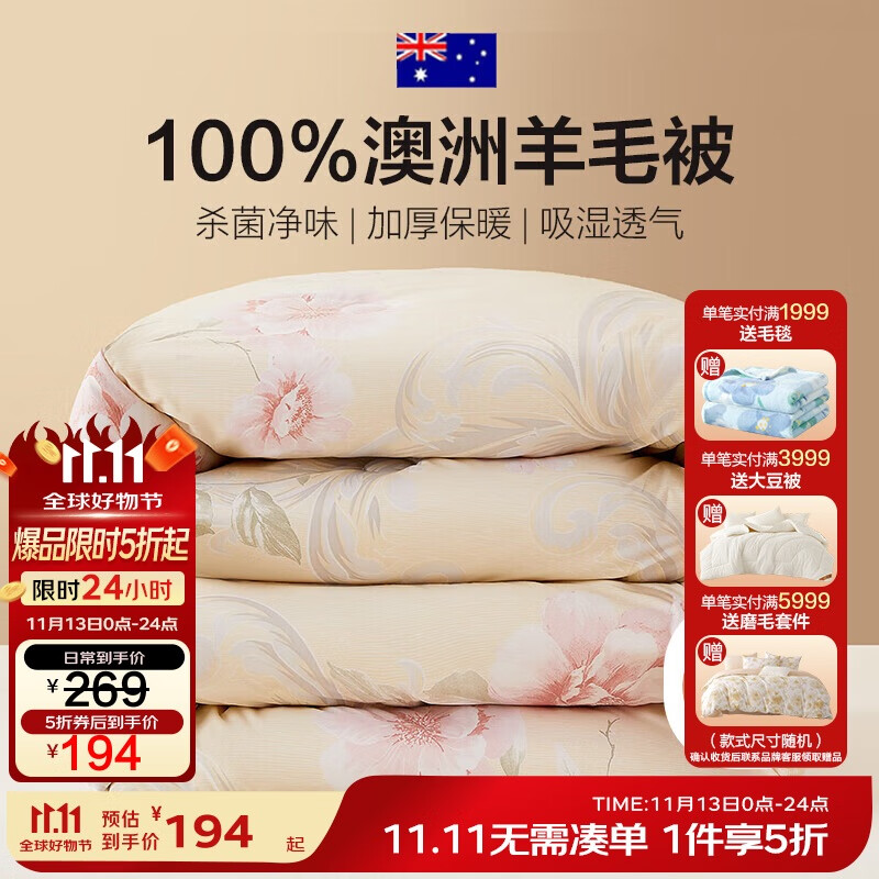 博洋家纺A类抑菌100%澳洲进口复合羊毛被被芯 春秋被子斤200*230cm