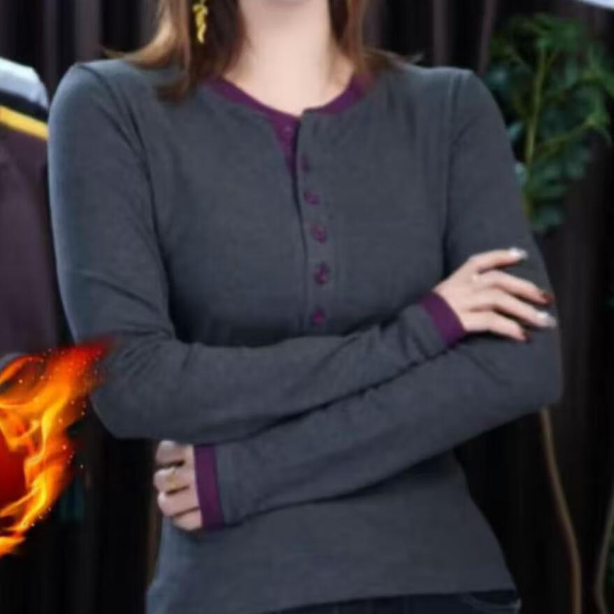 2025冬季新款假两件长袖扣正肩T恤女装修身显瘦打底衫上衣内搭 灰色【拼接紫色 】加绒 3XL (建议145-160斤)