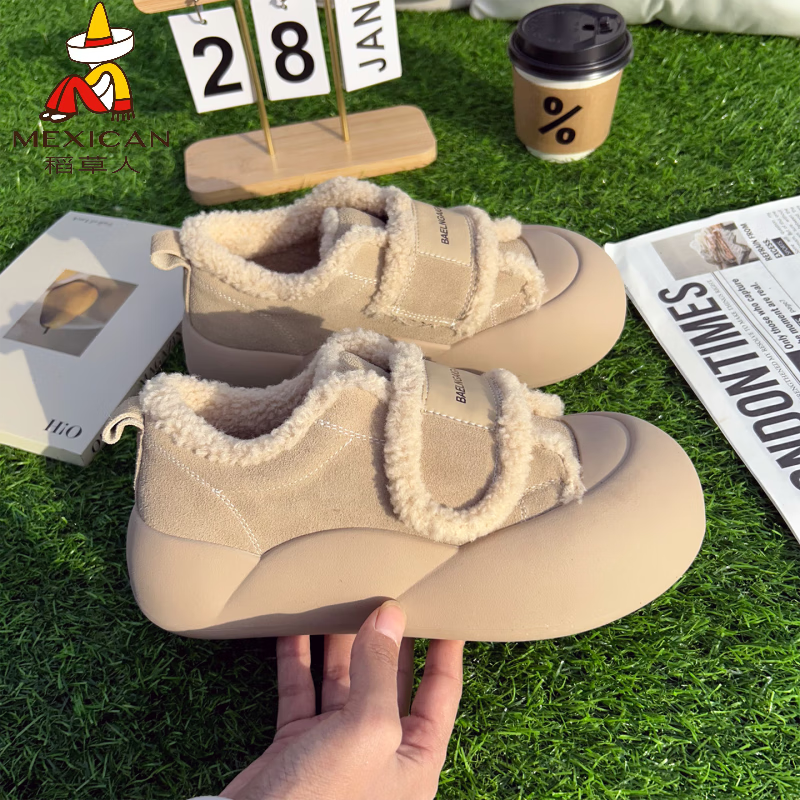 稻草人（MEXICAN）丑萌大头真皮棉鞋女冬季加绒加厚2026新款雪地靴厚底休闲面包鞋潮 米白色 真皮加绒升级版 35