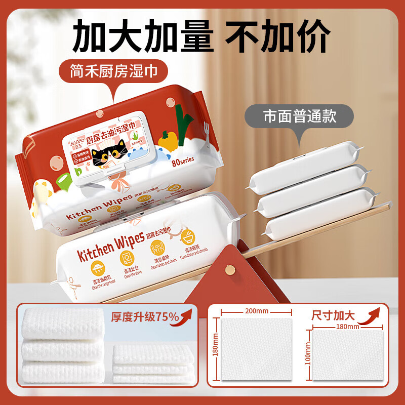 简禾厨房湿巾擦油烟专用清洁强力去油污抹布加大加厚湿纸巾加大装 80抽 3包 【强力去污+加大加厚】