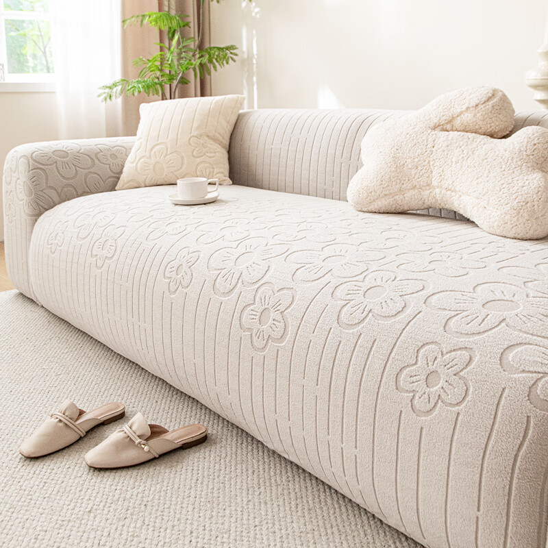 无印良品毛绒沙发套罩冬季加厚防滑沙发套轻奢高级感直排坐垫弹力全包套罩 花绣-莫奈灰【冬季毛绒 固定防滑】 五人位【适用长305-360cm】