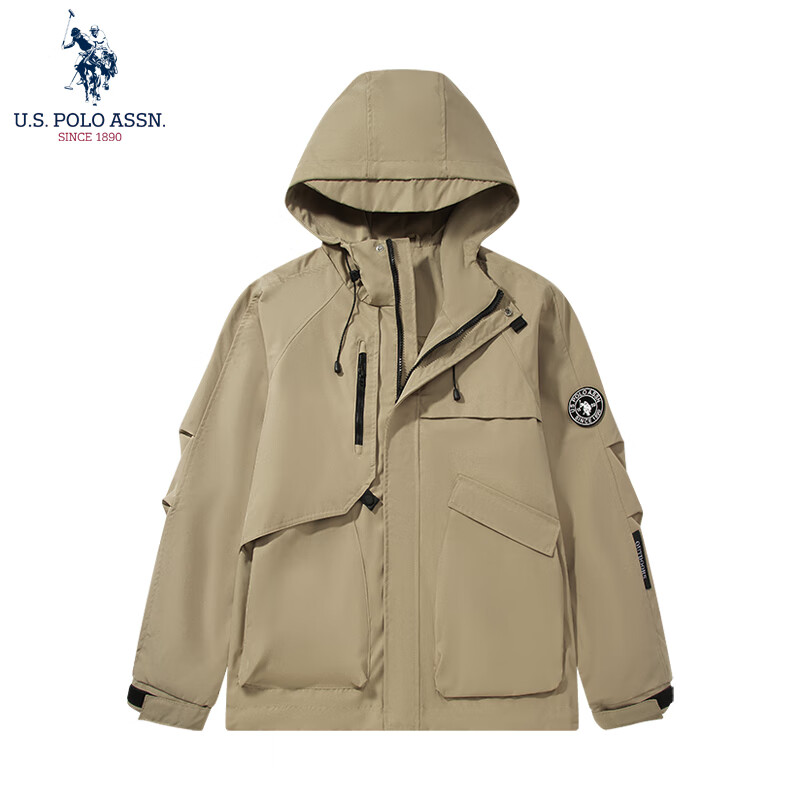 U.S. POLO ASSN.保罗冲锋外套男春秋夹克男女防风登山服男 卡其 【US54701】 M 165（105-120斤左右）