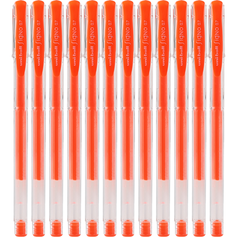 三菱（Uni）UM-100彩色中性笔签字笔 0.7mm学生办公防漏墨啫喱笔考试笔 荧光橙色 12支/盒