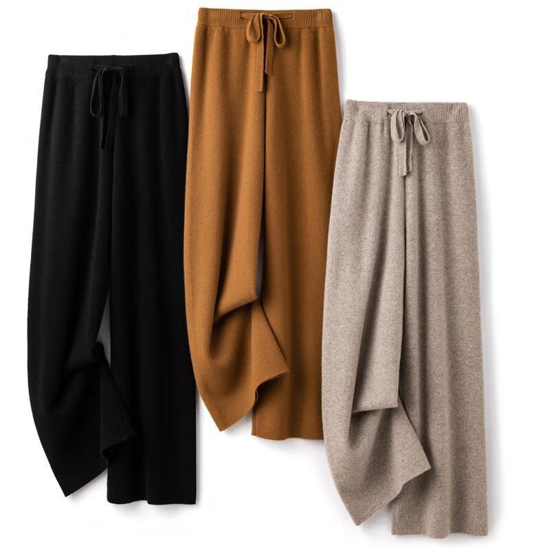 EMZ鄂尔多斯羊毛阔腿裤女休闲裤女秋冬季加长拖地裤高腰垂感直筒裤 黑色阔腿裤 黑色阔腿裤 均码 加长版