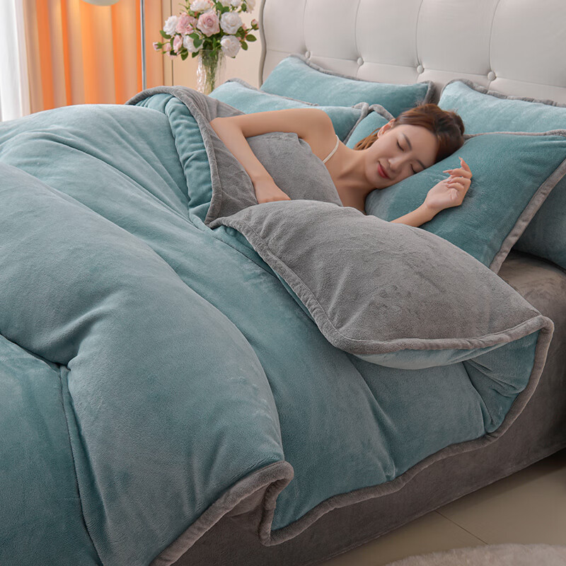 VJE冬季牛奶绒床上四件套加厚2025新款法兰珊瑚绒床品床单被罩三件套 简约-蓝拼灰 三件套1.2m 床单款 -被套150*200cm