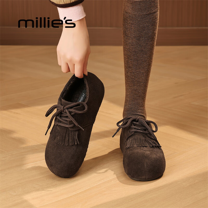 妙丽勃肯鞋女平底加绒复古乐福鞋保暖潮流2025冬季新款百搭通勤单鞋 咖色 35 (225mm) 标准码
