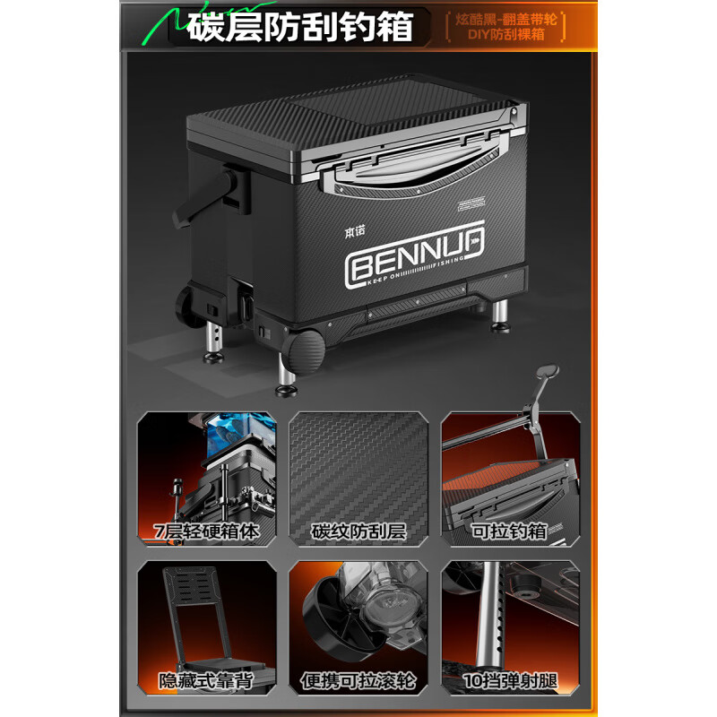 本諾（BENNUO）2025新款可坐釣箱全套二合一臺釣箱漁具 29L 高坐姿【大容量釣箱帶輪】極夜黑