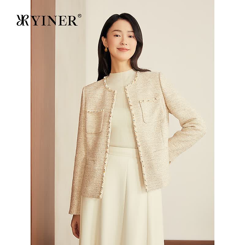 音儿专选2025秋季新款法式小香风后开叉亮丝粗花呢短外套 浅杏 L