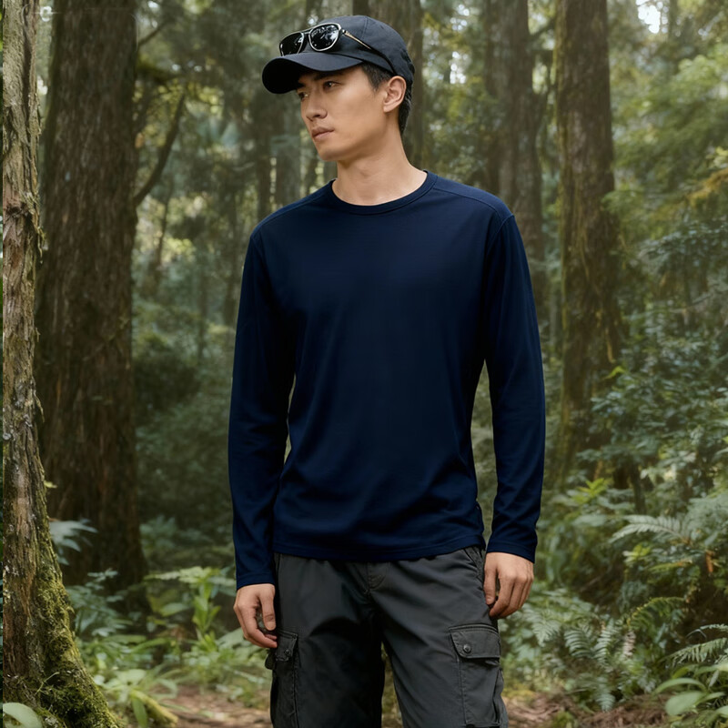 灰壳户外男美利奴羊毛速干衣100%美丽诺打底衫长袖登山运动贴身内衣 丈青色 -【180gsm】17.5μm M -推荐140-155斤