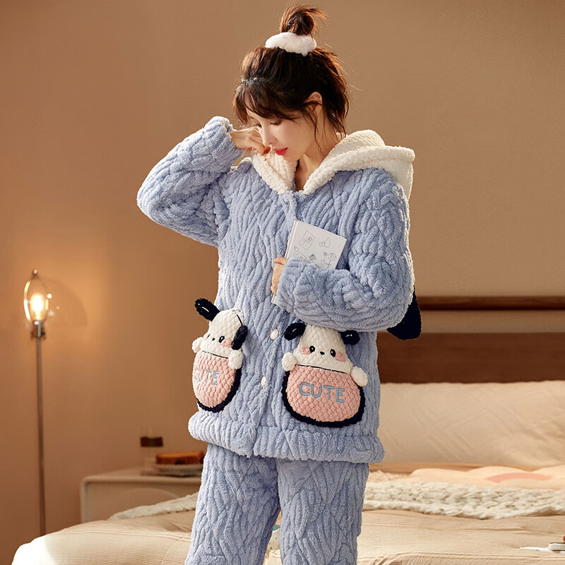 chunnian女士睡衣女冬季保暖珊瑚绒加厚加绒三层夹棉法兰绒带帽家居服套装 XEQN-2385【外套+裤子】 L