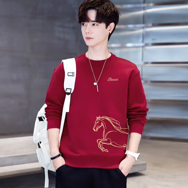 TEEK2026马年本命年衣服纯棉男士卫衣国潮酒红色策马奔腾贺岁喜庆上衣 【常规款】YW2936酒红色 M
