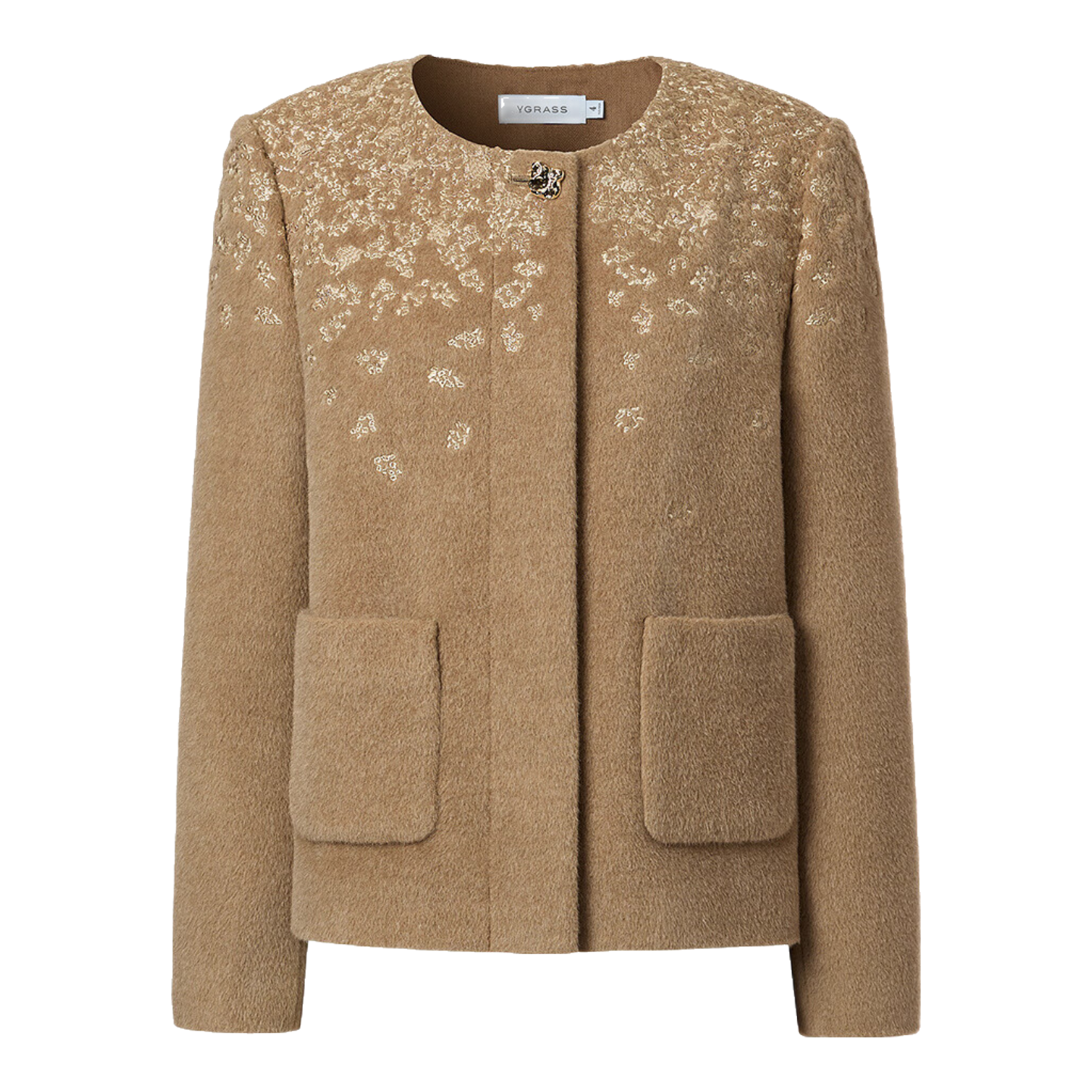 VGRASS26秋冬新款綿羊毛混紡毛呢含羊駝毛駱駝絨匠心刺繡短外套女 淺駝色 XS