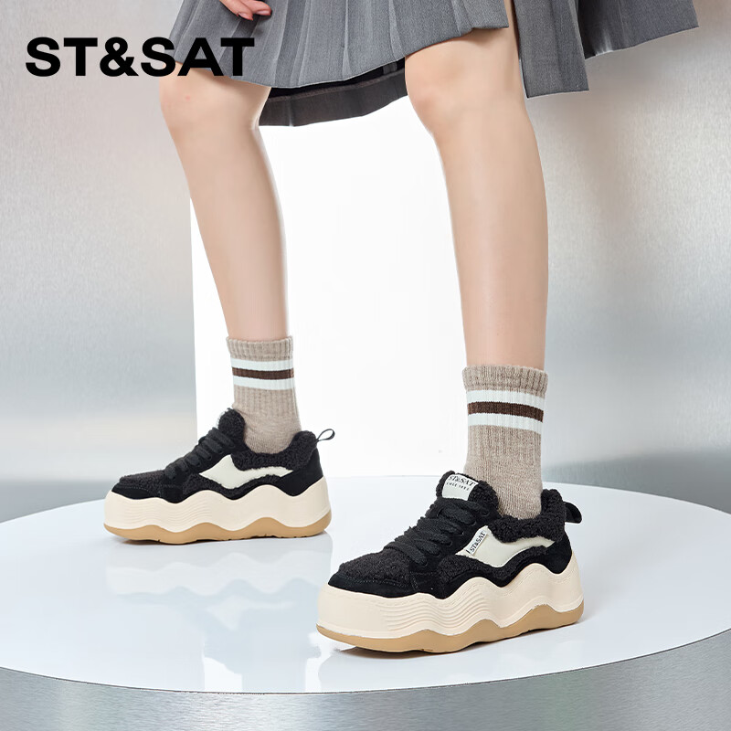 星期六（St&Sat）百搭复古加绒休闲鞋2025新款系带波浪底板鞋女增高 黑色 37
