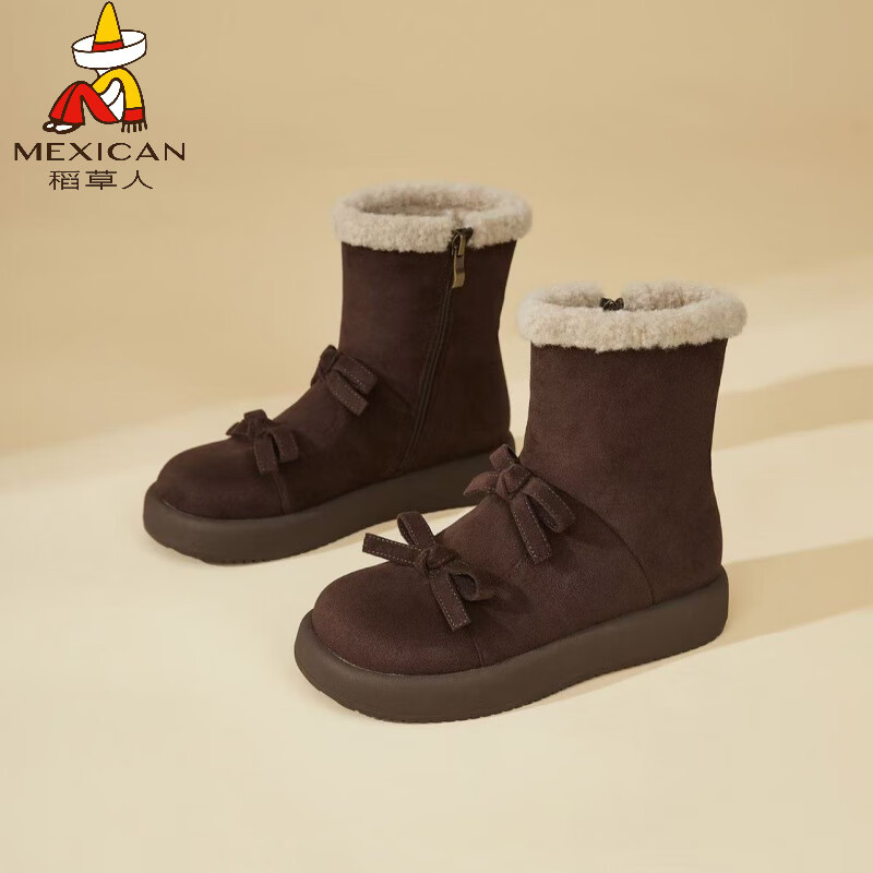 稻草人（MEXICAN）品牌真皮加绒雪地靴女皮毛一体2026新款冬厚底短靴保暖棉鞋毛毛靴 咖色 35