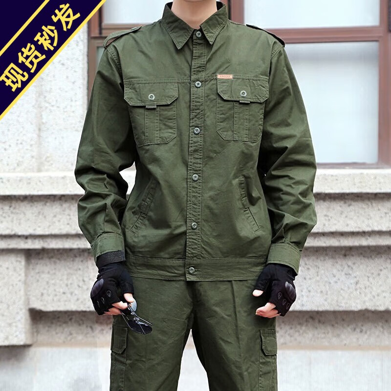 沃巴伦夏季薄款工作服套装男士劳保纯棉电焊工装外套耐磨迷彩服单件工装 610【军绿长袖】夏季套装+腰带 XL 175/XL建议体重120-140斤