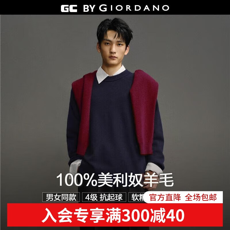 GIORDANO CONCEPTS  2025秋冬新款针织衫男装纯羊毛刺绣宽松圆领情侣款毛衣12055607 26标志军蓝 M