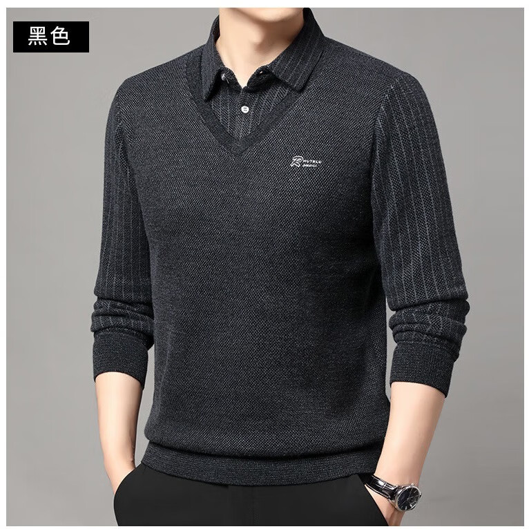 YOUNVFR男士假两件雪尼尔保暖T恤中年加绒加厚一体绒毛衣打底衫 灰色 XL