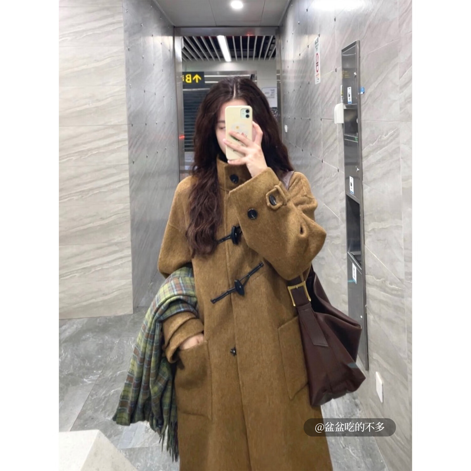 茵曼（INMAN）2025冬季女装新款红装羊驼毛桑蚕丝牛角扣双面呢大衣长款毛呢外套 咖啡色 M 163-167cm/111-120斤