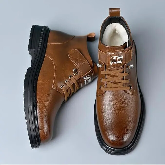 马丁靴男冬季新款加绒保暖软皮加厚男士高帮棉皮靴英伦工装靴m 咖色 加绒 42