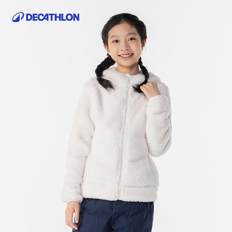 迪卡侬（DECATHLON）儿童抓绒衣保暖长绒夹克男童摇粒绒女童厚珊瑚绒外套QUJR 奶油白 均码 131-140cm 8-9岁
