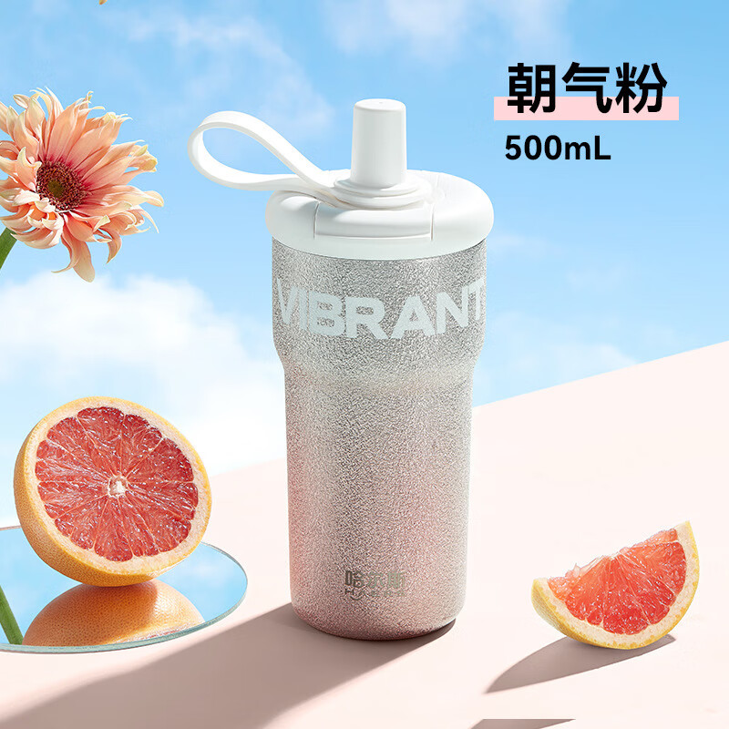 哈尔斯（HAERS）保温杯不锈钢水杯女生星耀直饮杯高颜值咖啡吸管杯子外出携带 朝气粉500ml【无缝内胆+吸管/直饮】