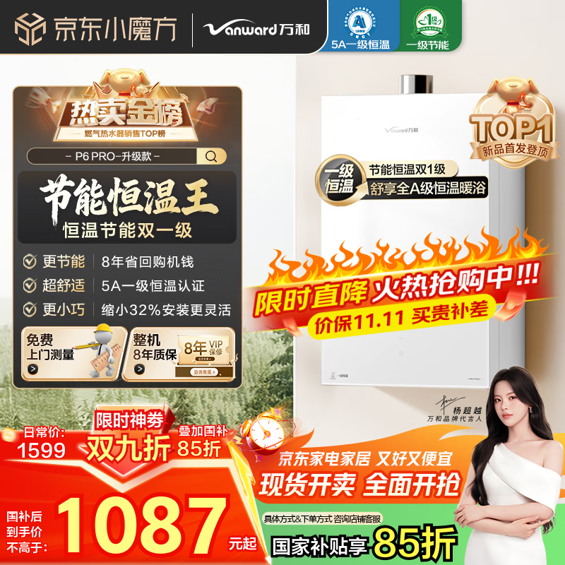 万和（Vanward）【白露P6 PRO·一级恒温】【国家补贴15%】16升燃气热水器天然气 直流变频节能增压大水量梨花白