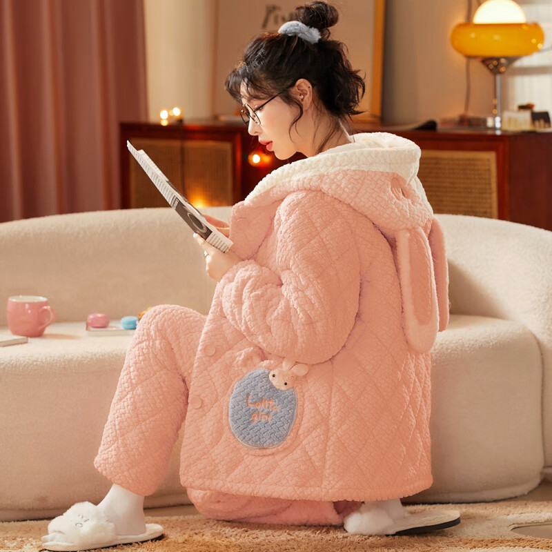 chunnian睡衣女冬季三层夹棉袄加厚加绒珊瑚绒保暖法兰绒家居服套装可外穿 KJ-62727豆沙 2XL
