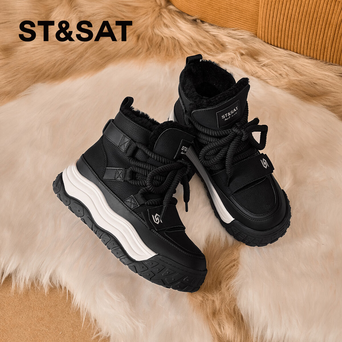 星期六厚底雪地靴女2025新款冬季皮毛一体小白鞋子加厚保暖马丁靴 黑色 40