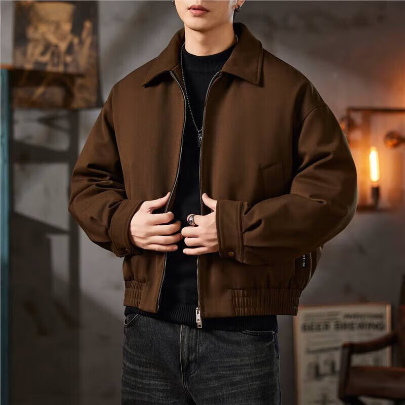 邦约恋人2025冬季新款翻领休闲羽绒服夹克外套男士感短款宽松休闲上衣 黑色 GY7313 2XL 建议体重 166-180斤