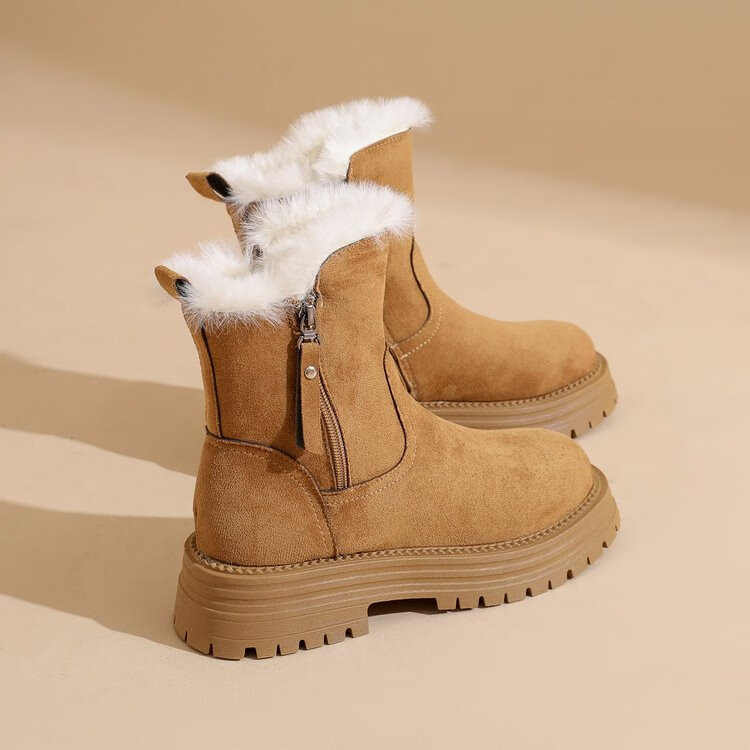大东爆侧拉链橡胶中跟(3-5cm)人造短毛绒雪地靴冬季织物靴子粗跟 卡其色 40