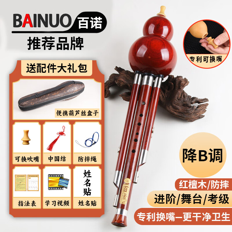 百诺可换嘴红檀木葫芦丝降B调成人自学专业演奏级初学专用学生胡芦丝