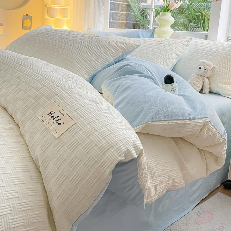 VJEins韩系泡泡纱四件套亲肤水洗棉床单被套简约学生宿舍三件套床品 泡泡纱-奶油白蓝 三件套1.2m 床单款 -被套150*200cm