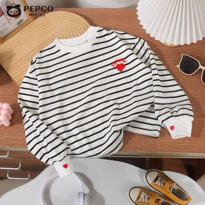 小猪班纳（PEPCO）女童卫衣秋季新款时尚韩版爱心绣花条纹打底衫中大童上衣儿童T恤 KS8黑白条爱心卫衣 170 (建议身高155-165cm)