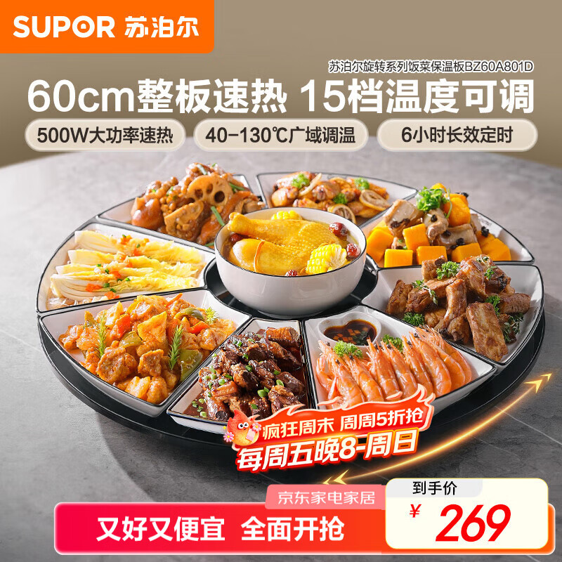 苏泊尔（SUPOR）暖菜板饭菜保温板热菜板 加热桌垫 解冻加热板（圆形60CM）可旋转餐桌BZ60A801