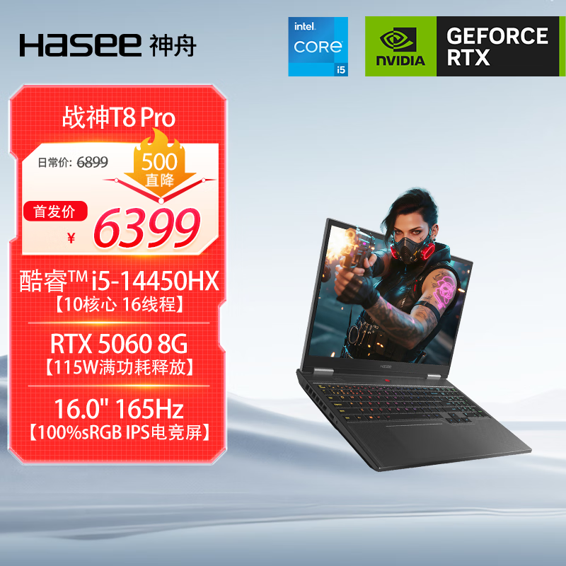 ���ۣ�HASEE����RTX5060��ս��T8 Pro 16Ӣ����Ϸ���ʼǱ�����(i5-14450HX 16G 512GB 165HZ)