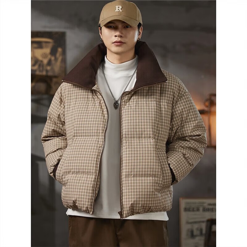 邦约恋人复古格纹翻领90鸭绒羽绒服男2025新款冬季潮牌宽松休闲面包服外套 格子咖 GY7310 3XL 建议体重 181-205斤