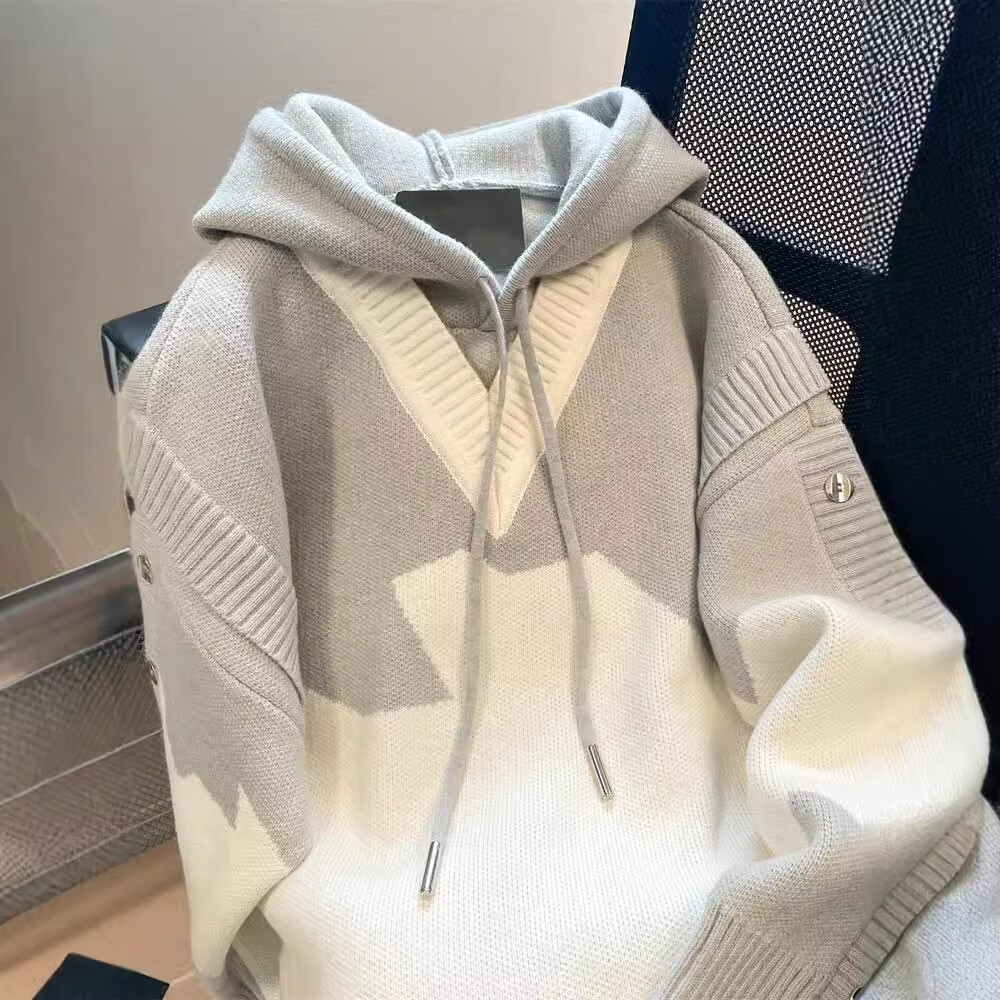 美式设计感小众撞色连帽针织卫衣男女潮牌vintage假两件毛衣外套 灰色 2XL