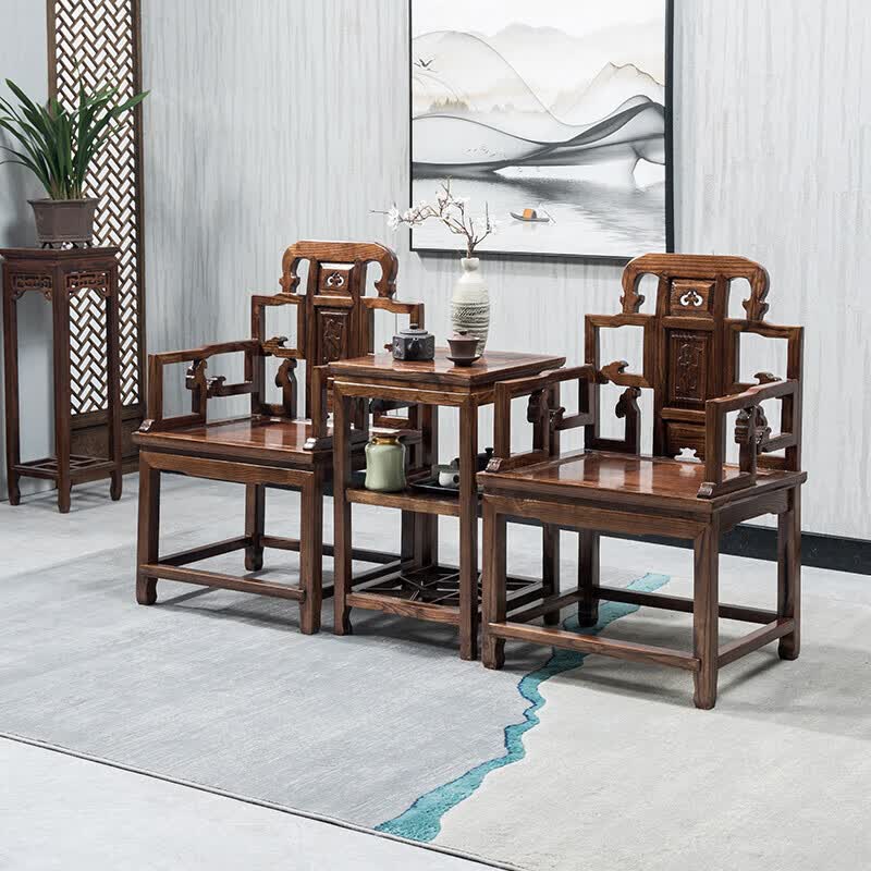 中式实木太师椅皇宫椅圈椅三件套茶几月牙椅仿古靠背椅官帽椅家用 太师椅三件套（加厚款）