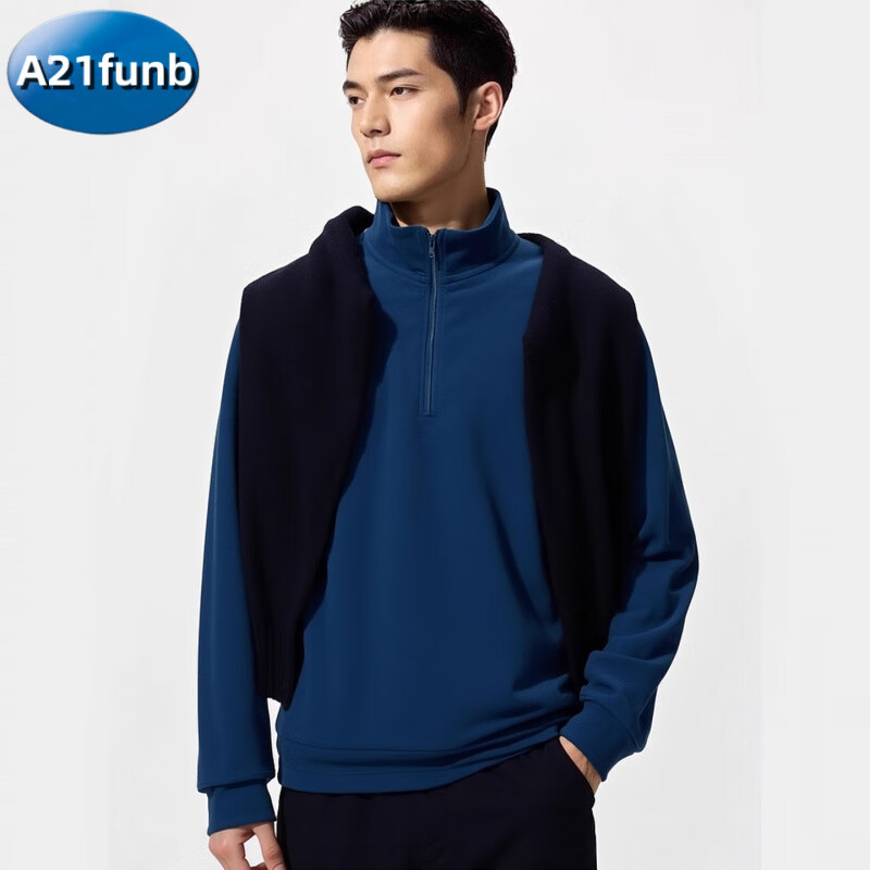 A 21 FUNB男装柔滑弹力摇粒绒半拉链套头衫长袖25秋冬新款休闲百搭 66 蓝色 XL 180/108B