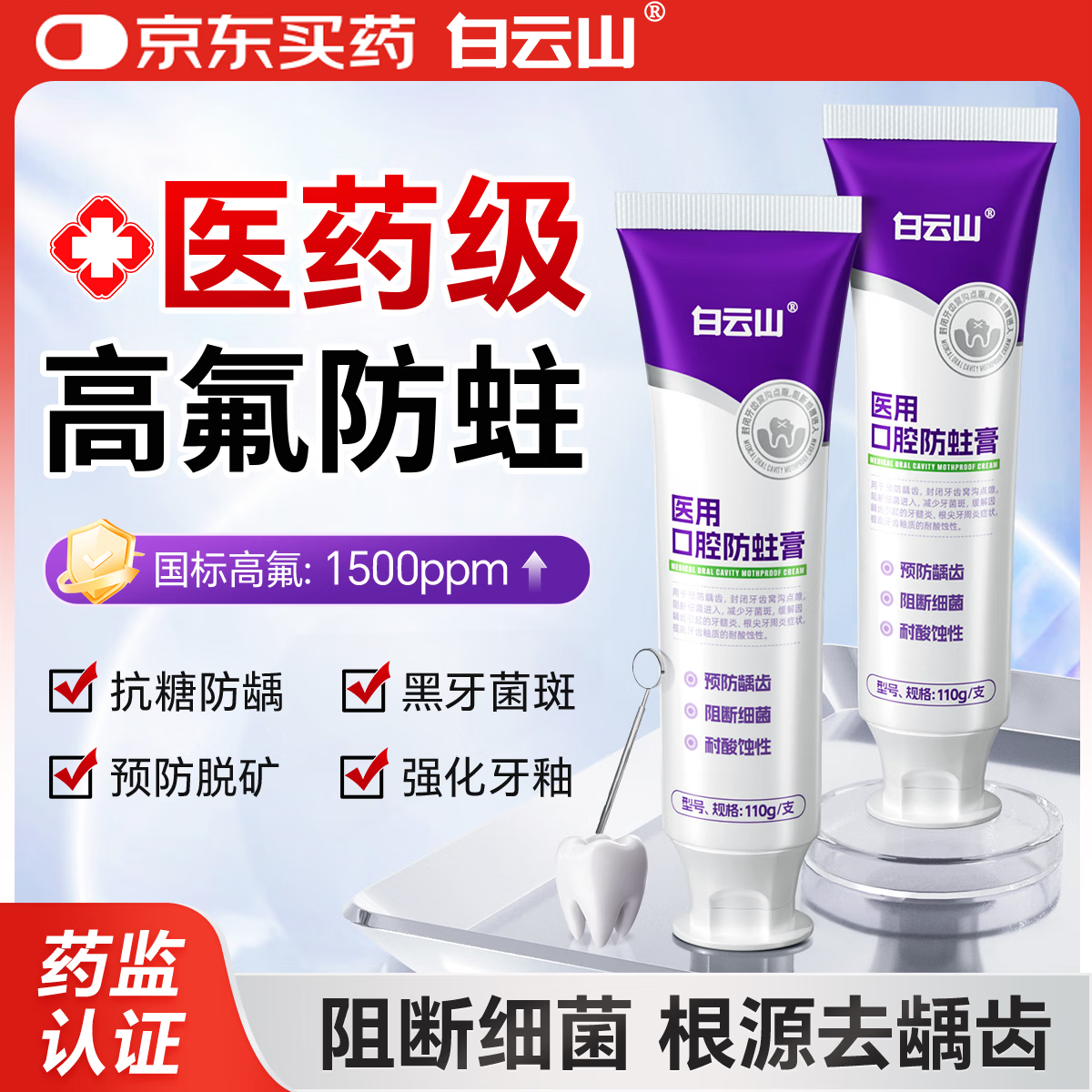 白云山医用口腔防蛀膏110g/支含氟抗敏成人专用抗蛀牙治龋齿去菌斑非牙膏状抑菌除口臭去口气牙洞修复